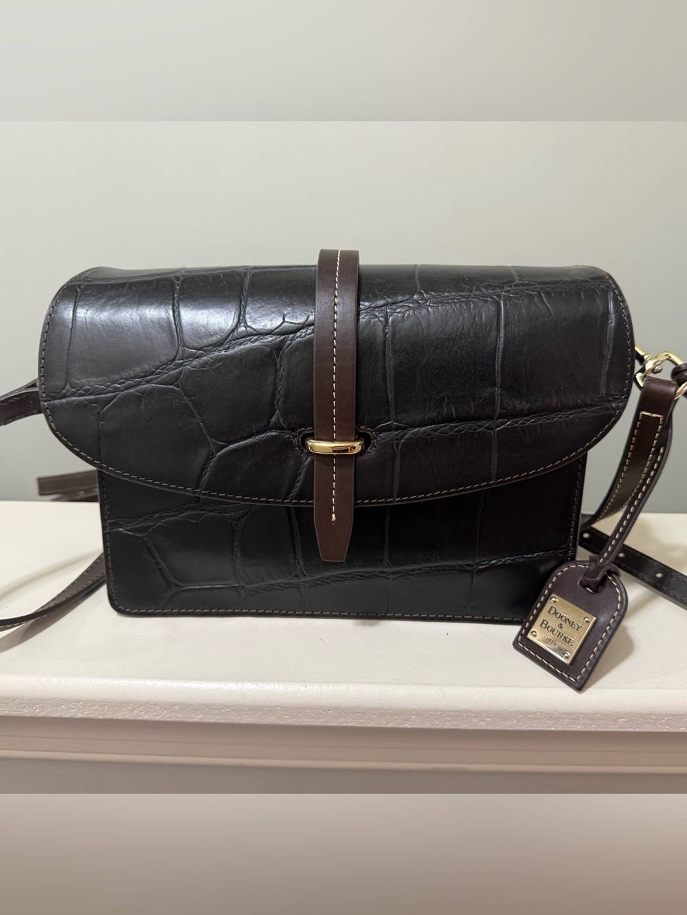 Dooney & Bourke Dark Brown Croc-Embossed Leather Crossbody with Gold Hardware